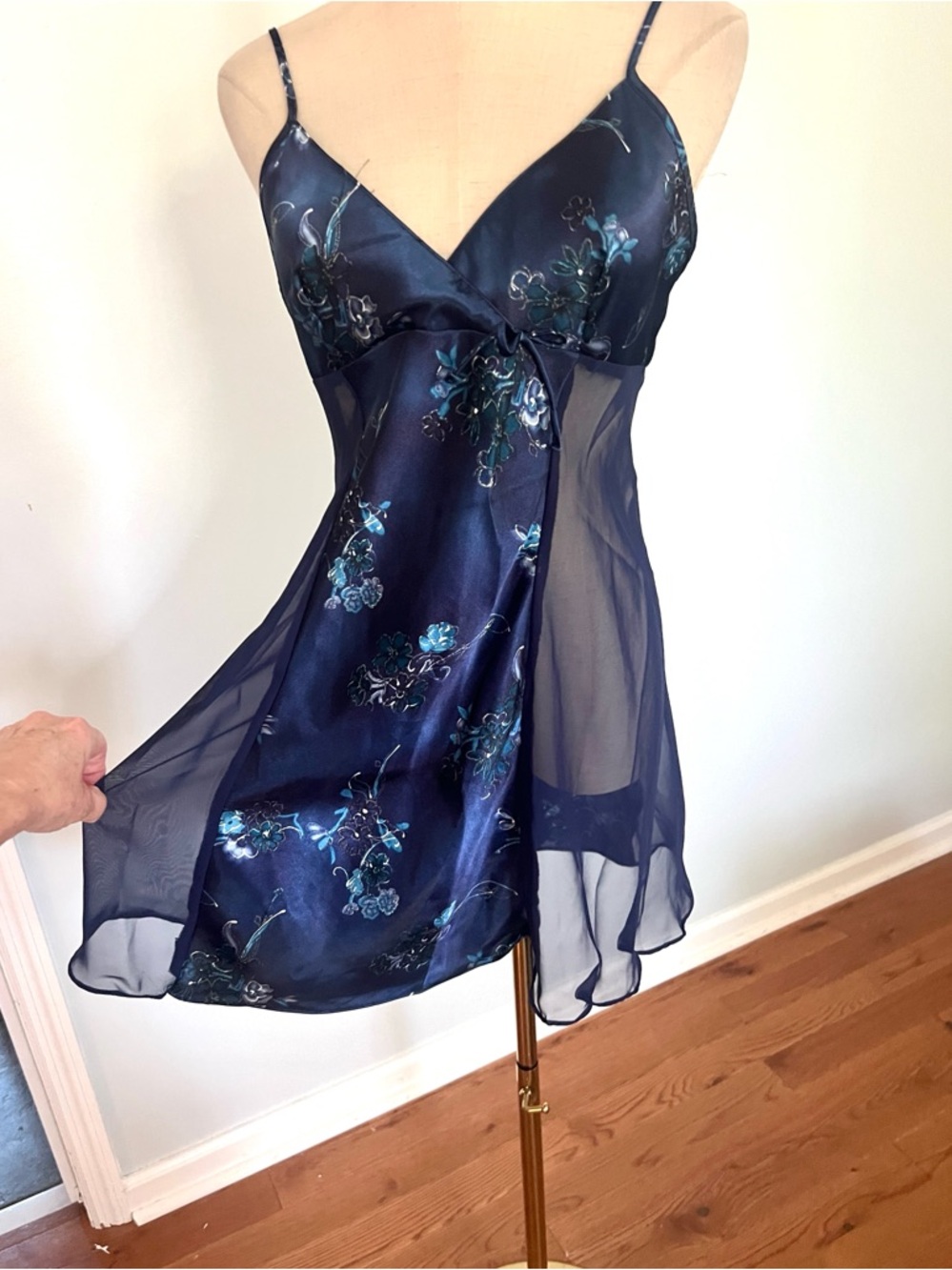 VTG/Y2K Cinema Etoile Sheer Slip Dress Navy Blue Floral Satin Coquette Size L - Picture 9 of 9